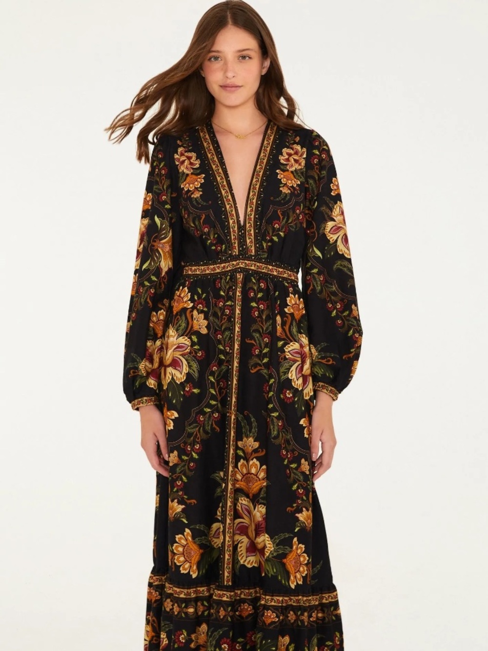 FARM Rio Majestic Garden Black Cropped Dress Deep V Long Puff Sleeve Sz [S] NWT - Picture 2 of 4